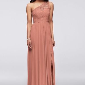 David's Bridal Long One Shoulder Lace Bridesmaid Dress in Desert Coral size 6